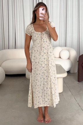 Marley 100% Cotton Midi Dress in Ivory/Blue Floral -Bump Friendly Fashionable Look