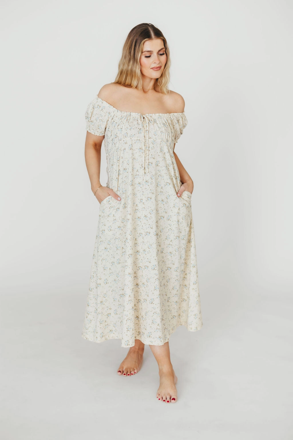 Easy Texture Marley 100% Cotton Midi Dress in Ivory/Blue Floral -Bump Friendly