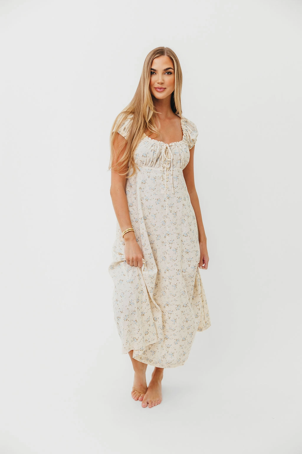 Chilly Weather Wear Fresh Stitch Marley 100% Cotton Midi Dress in Ivory/Blue Floral -Bump Friendly