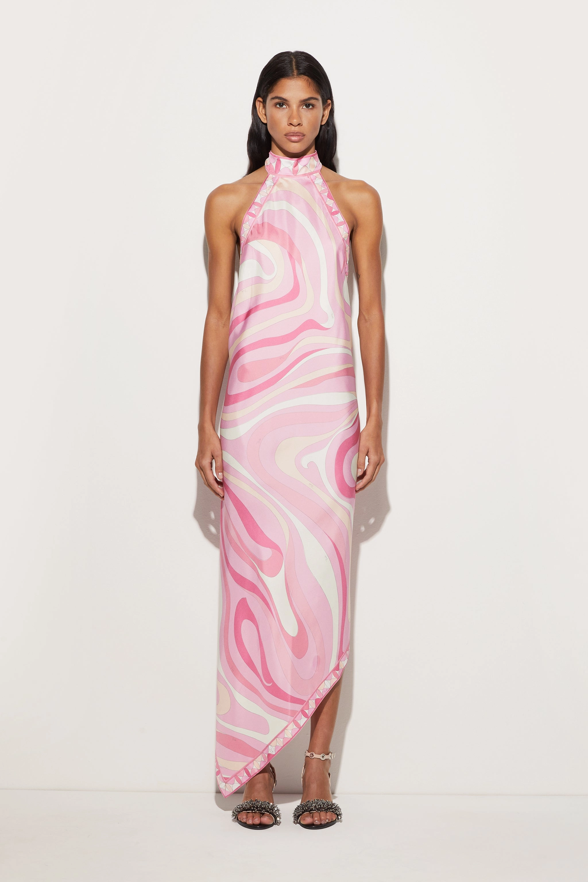 Boxy-Style Marmo Print Silk Twill Asymmetrical Dress