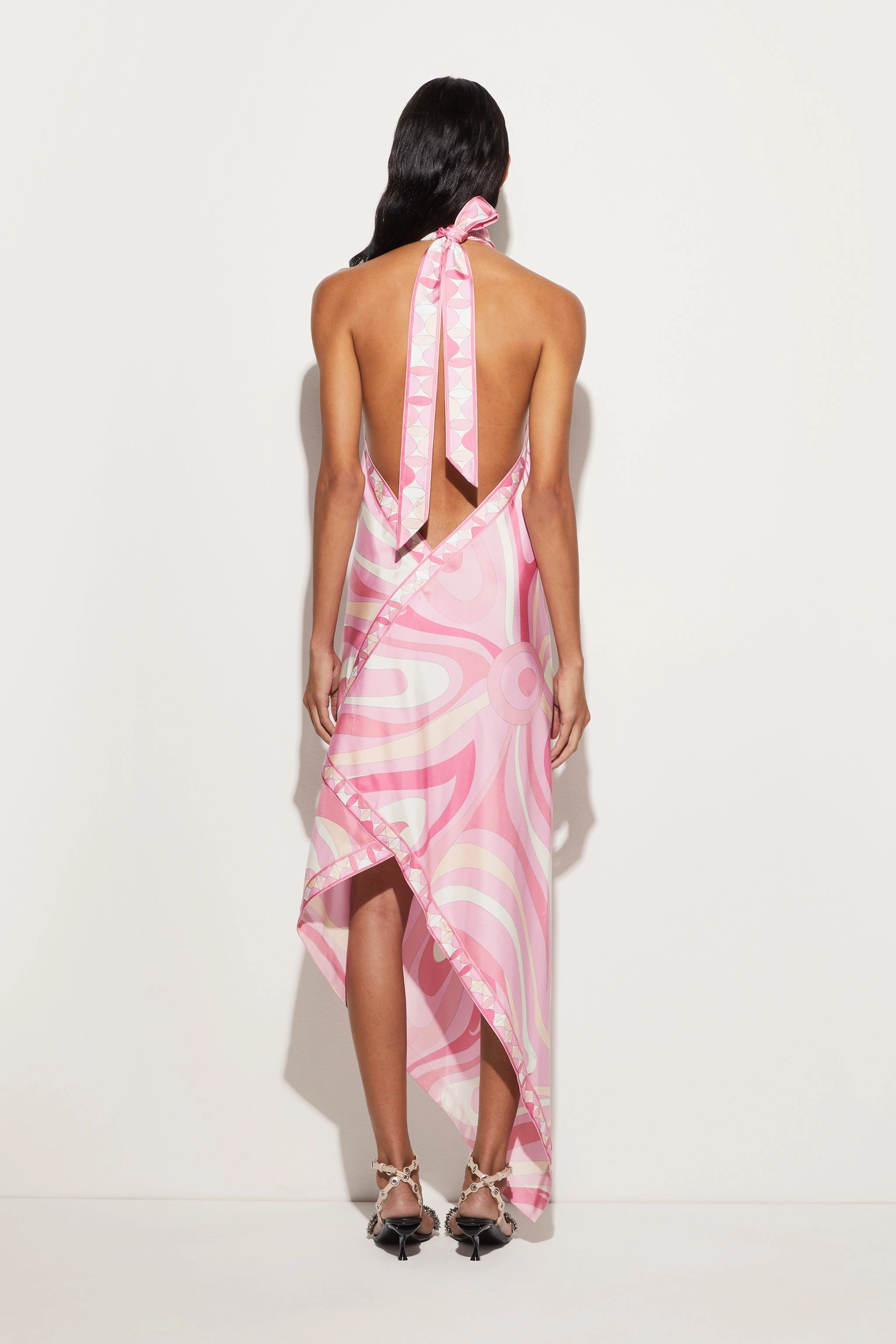 Cool Fabric Contrasting Detail Marmo Print Silk Twill Asymmetrical Dress