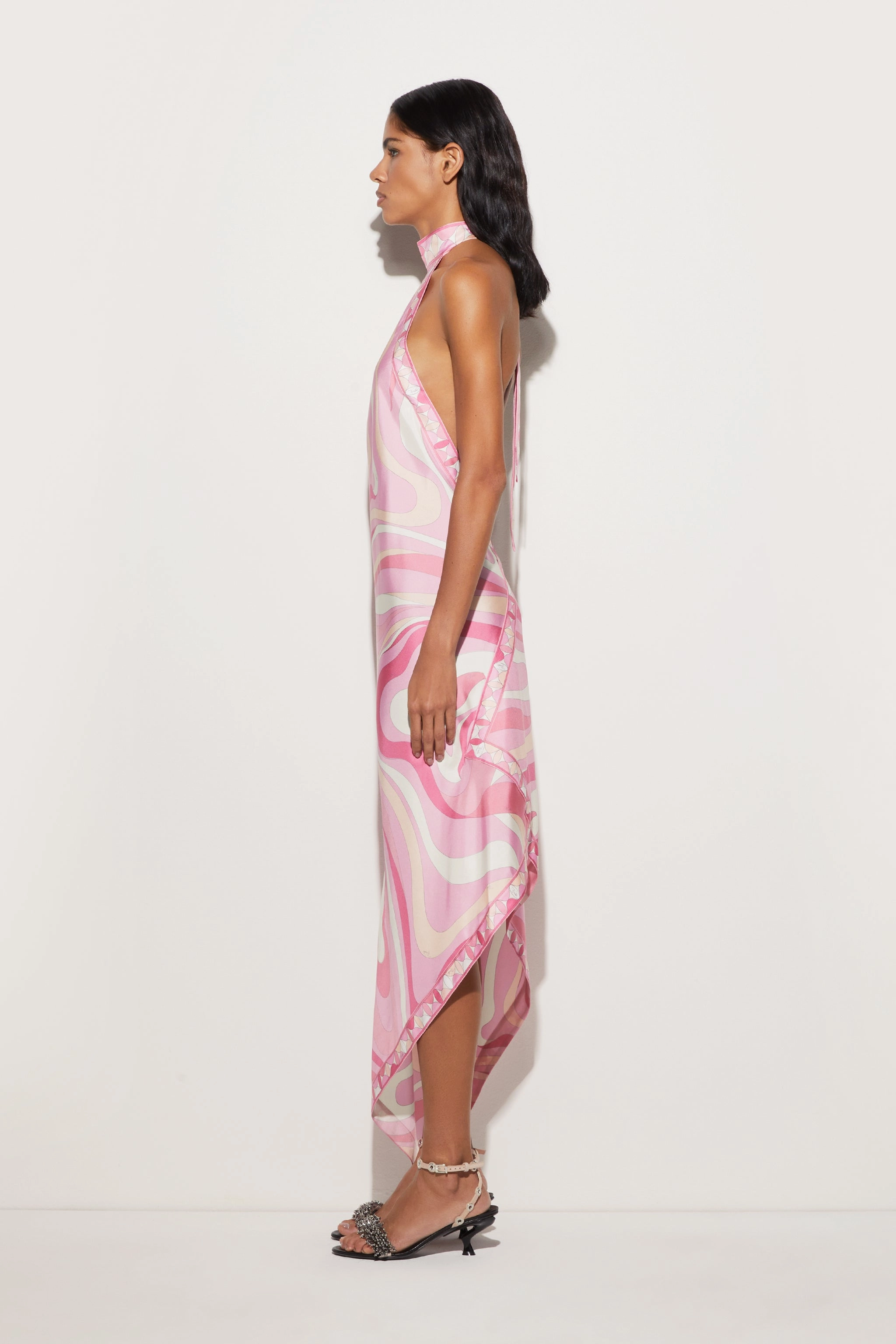 Skin Glow Marmo Print Silk Twill Asymmetrical Dress