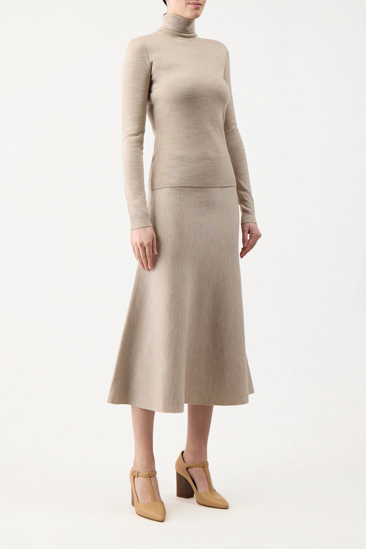 Stretch Ribbing Ribbed Structure May Knit Turtleneck in Oatmeal Merino Wool Cashmere