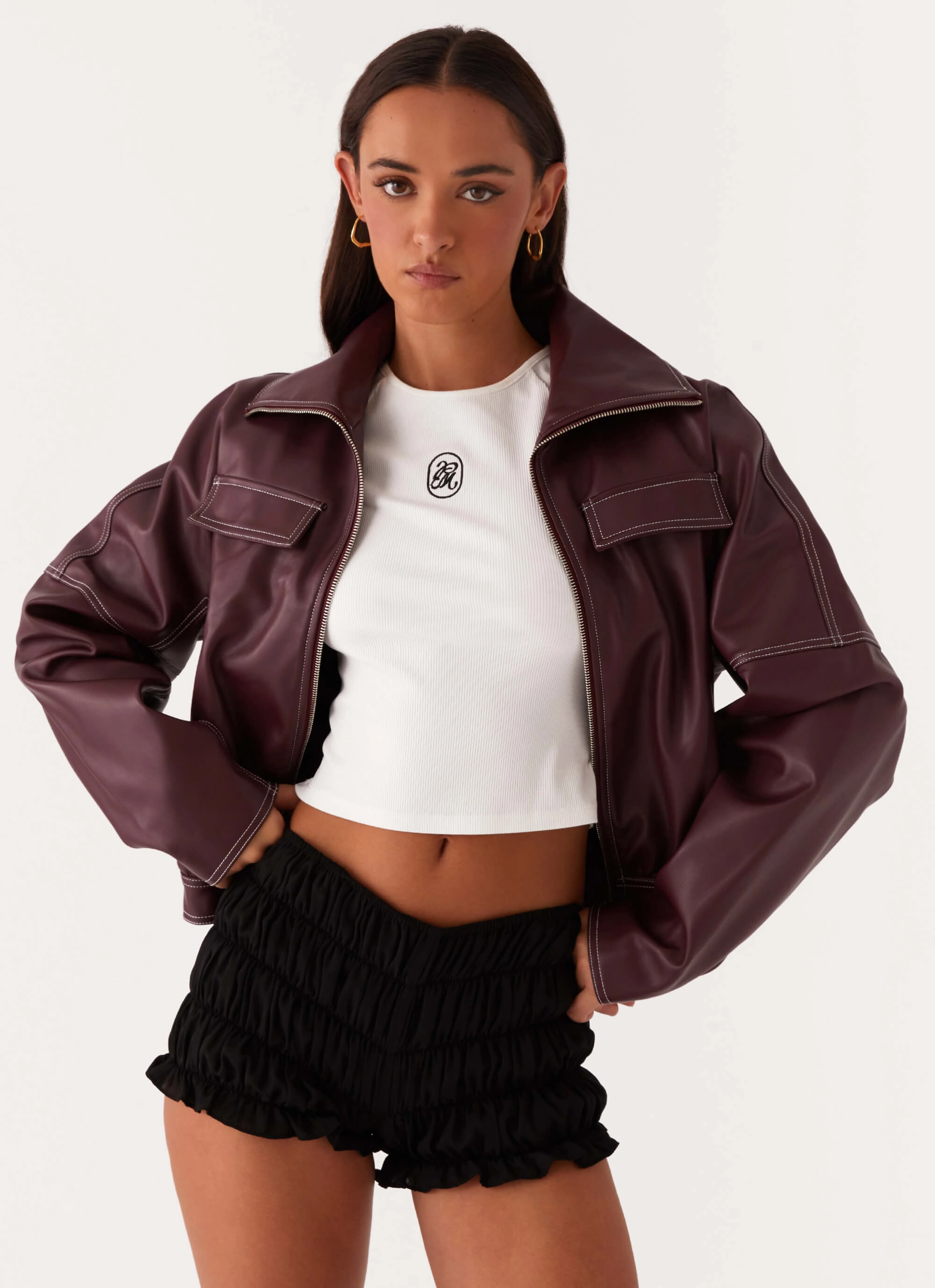 Meant To Be PU Boxy Jacket - Wine Secure Chest Pocket Trophy