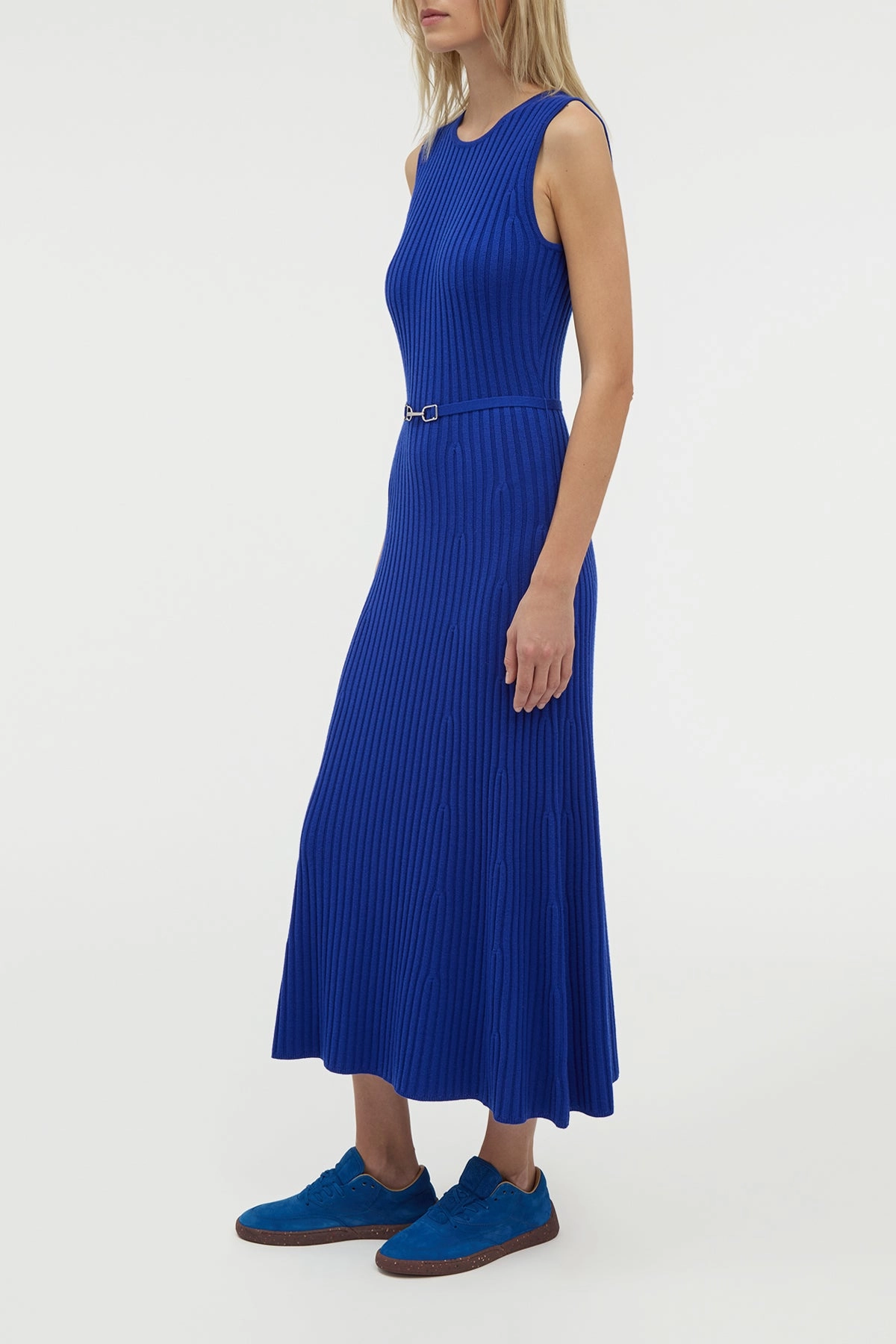 Easy Draping HighElasticity Yarn Meier Knit Midi Dress in Cobalt Merino Wool Cashmere