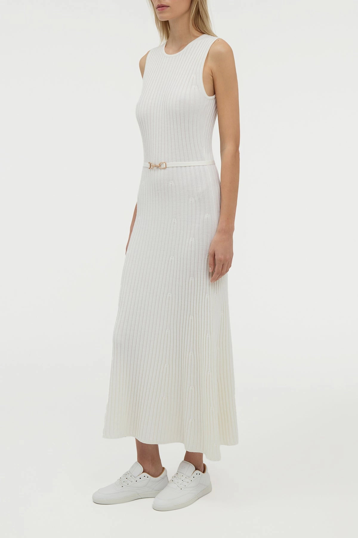 Relaxed Cut Openwork Lattice Pattern Meier Knit Midi Dress in Ivory Merino Wool Cashmere