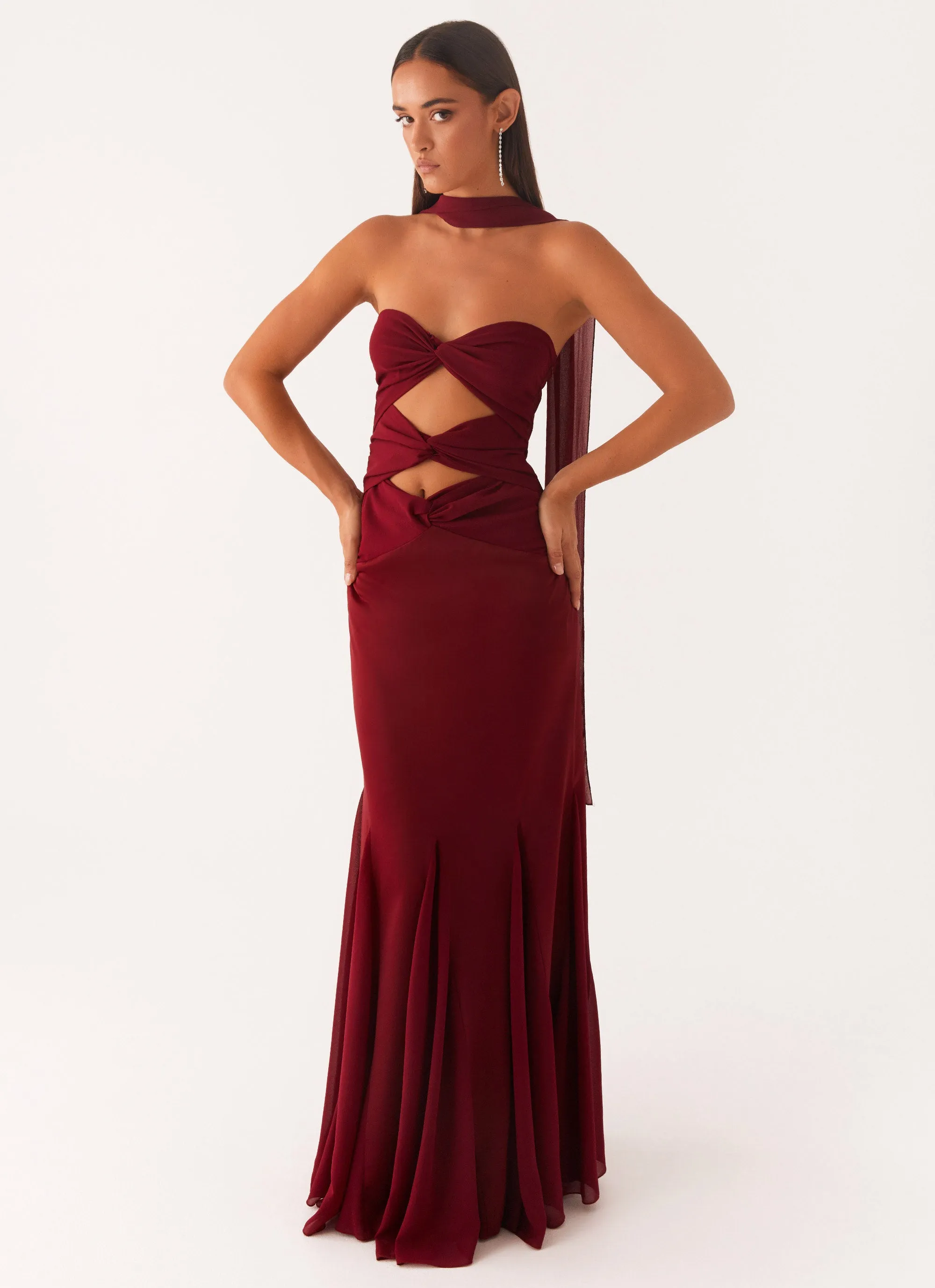 Minimalist Layering Melrose Satin Chiffon Maxi Dress - Deep Red