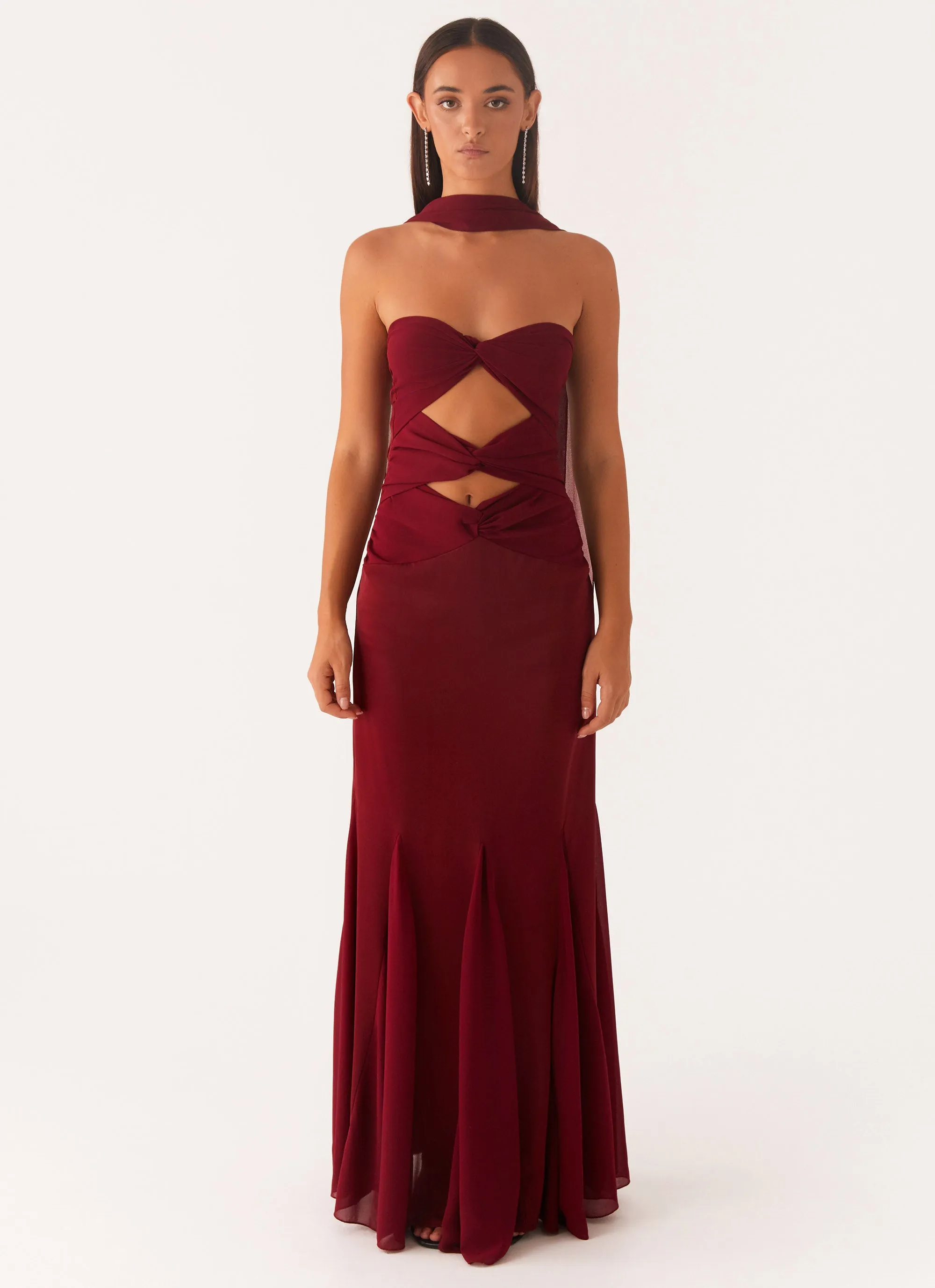 Relaxed Vibe Melrose Satin Chiffon Maxi Dress - Deep Red
