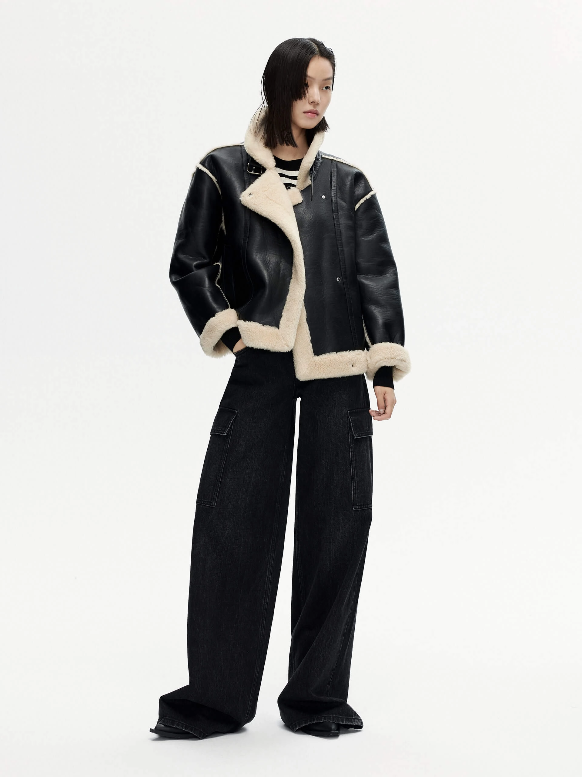 Fuzzy Trimmed PU Jacket Fall Outfit ThermalInsulation