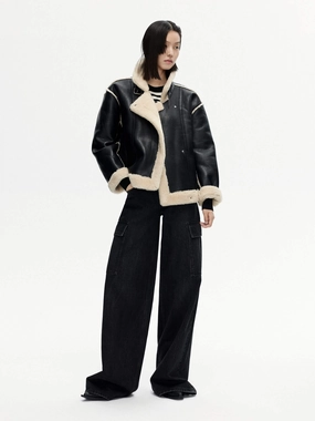 Fuzzy Trimmed PU Jacket Stitched Look OdorResistantFabric