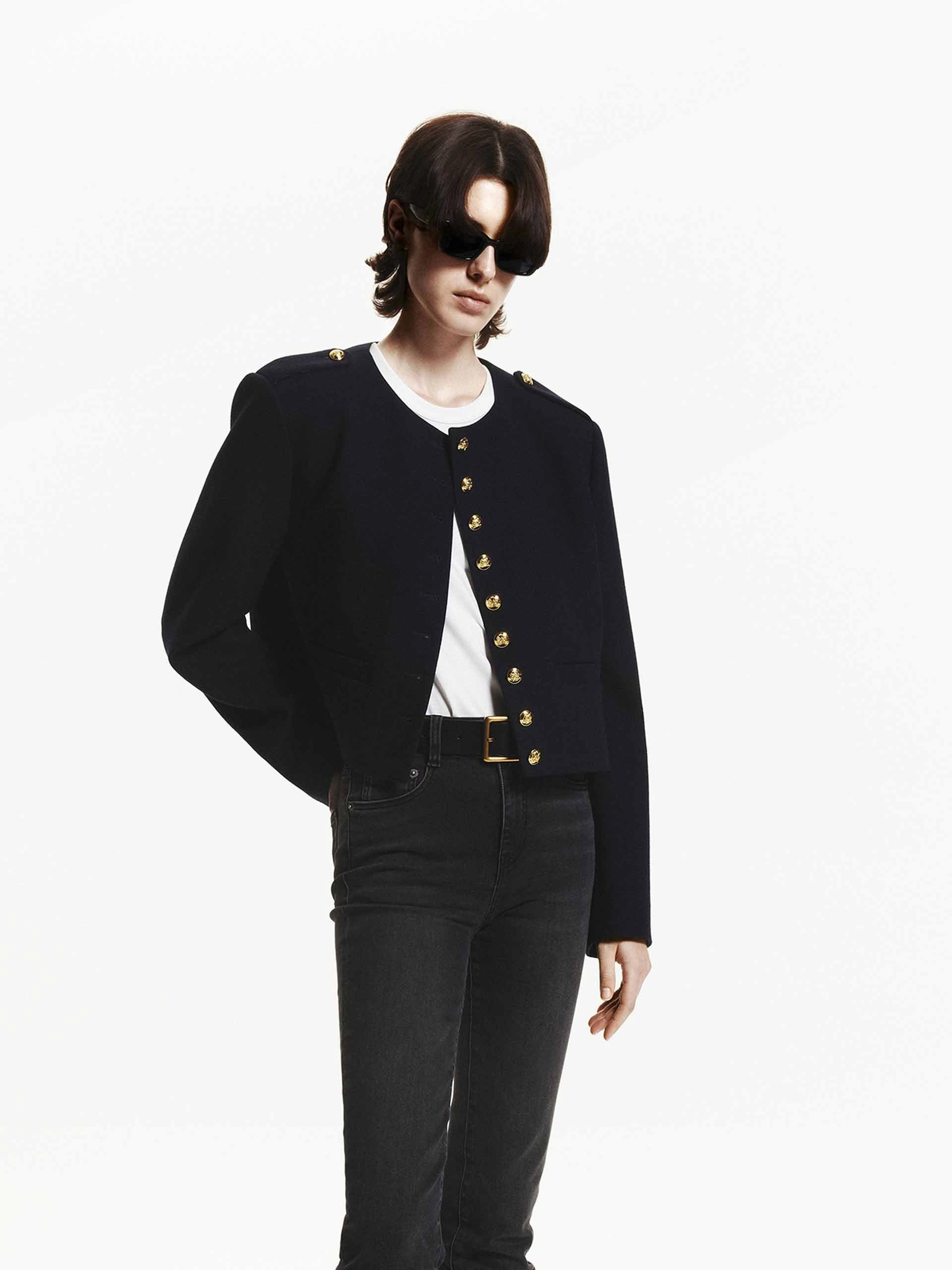 Metallic Button Cropped Coat Zippered Pockets