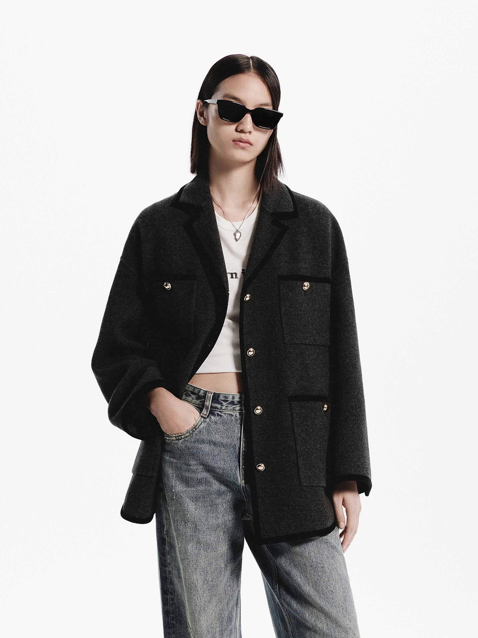 Metallic Button Wool Coat Low Maintenance Fabric Noise Reducing Fabric