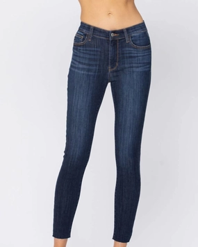 Mid- Rise Raw Hem Skinny Jean in Blue | Blue Travel Outfit Chill Outfit Date Night