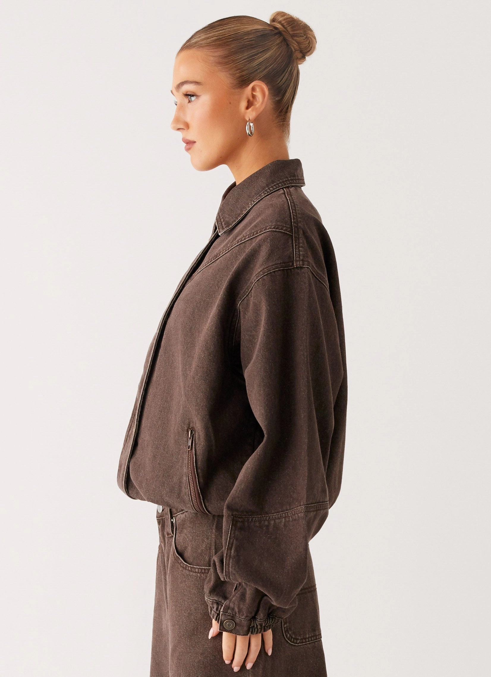 Communicate Midwest Washed Denim Bomber Jacket - Light Wash Chocolate