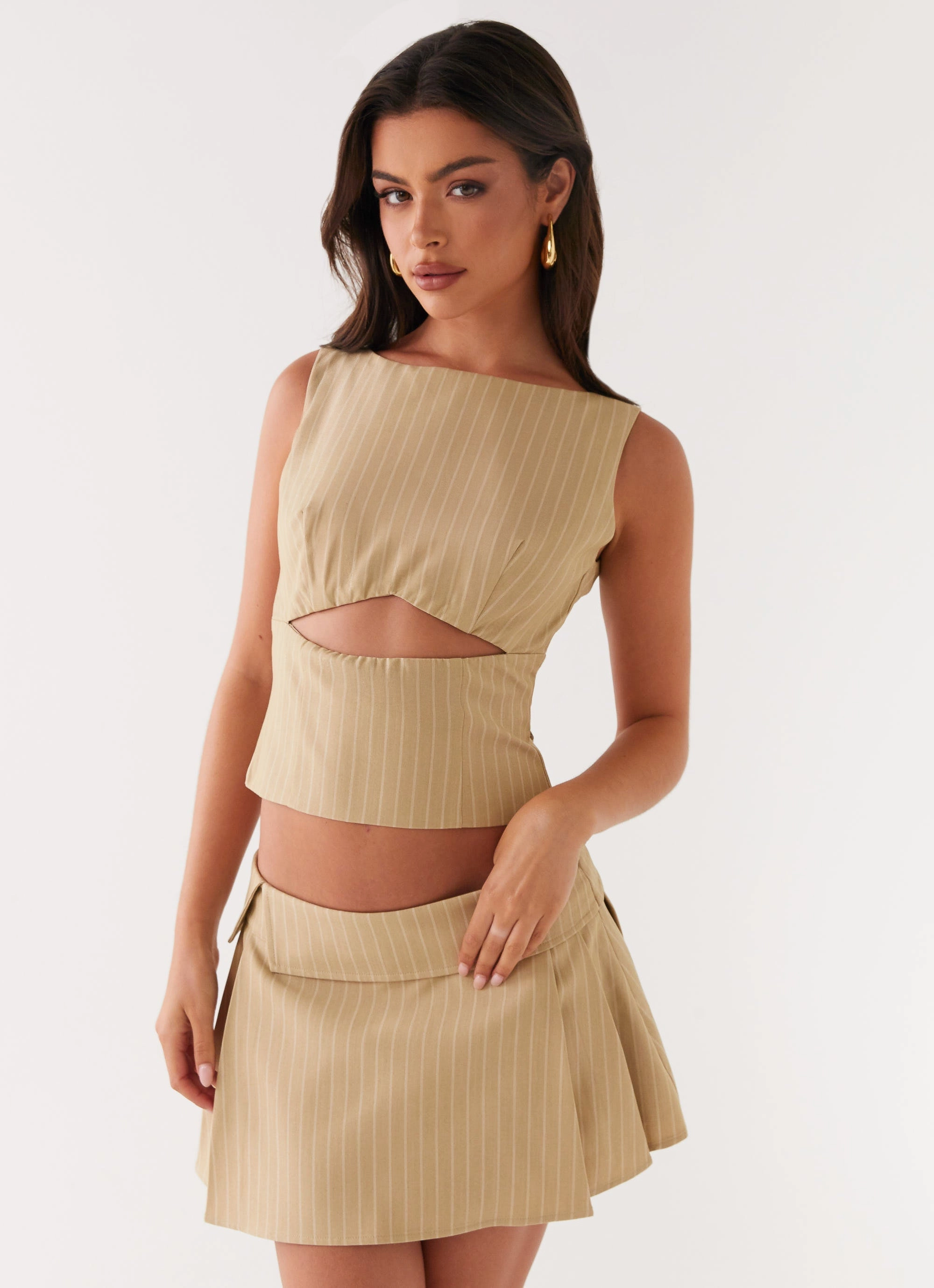 Silk Touch Velvet Finish Miki Mini Skirt - Beige Stripe