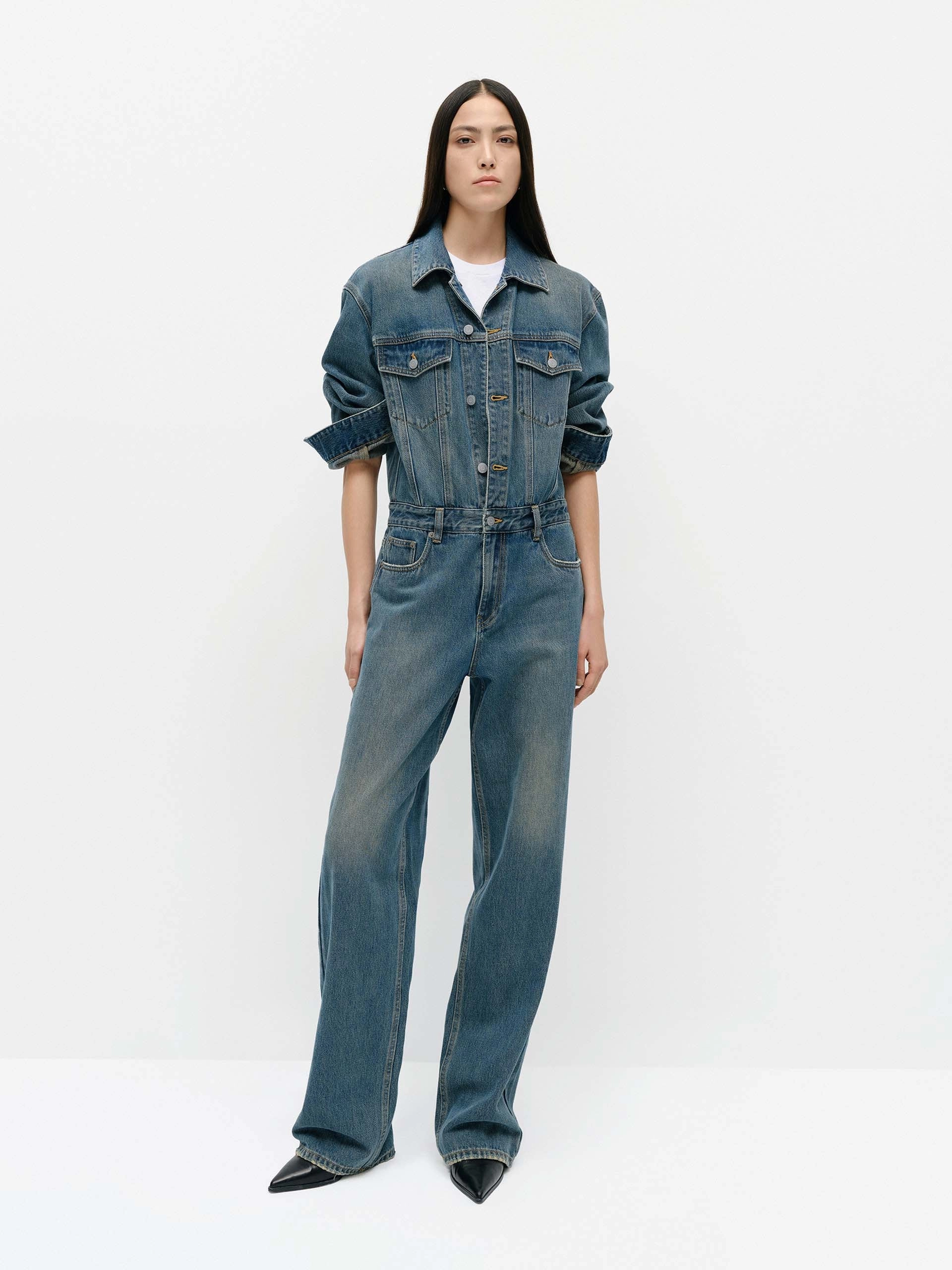 Gym New Lapel Collar Denim Jumpsuit