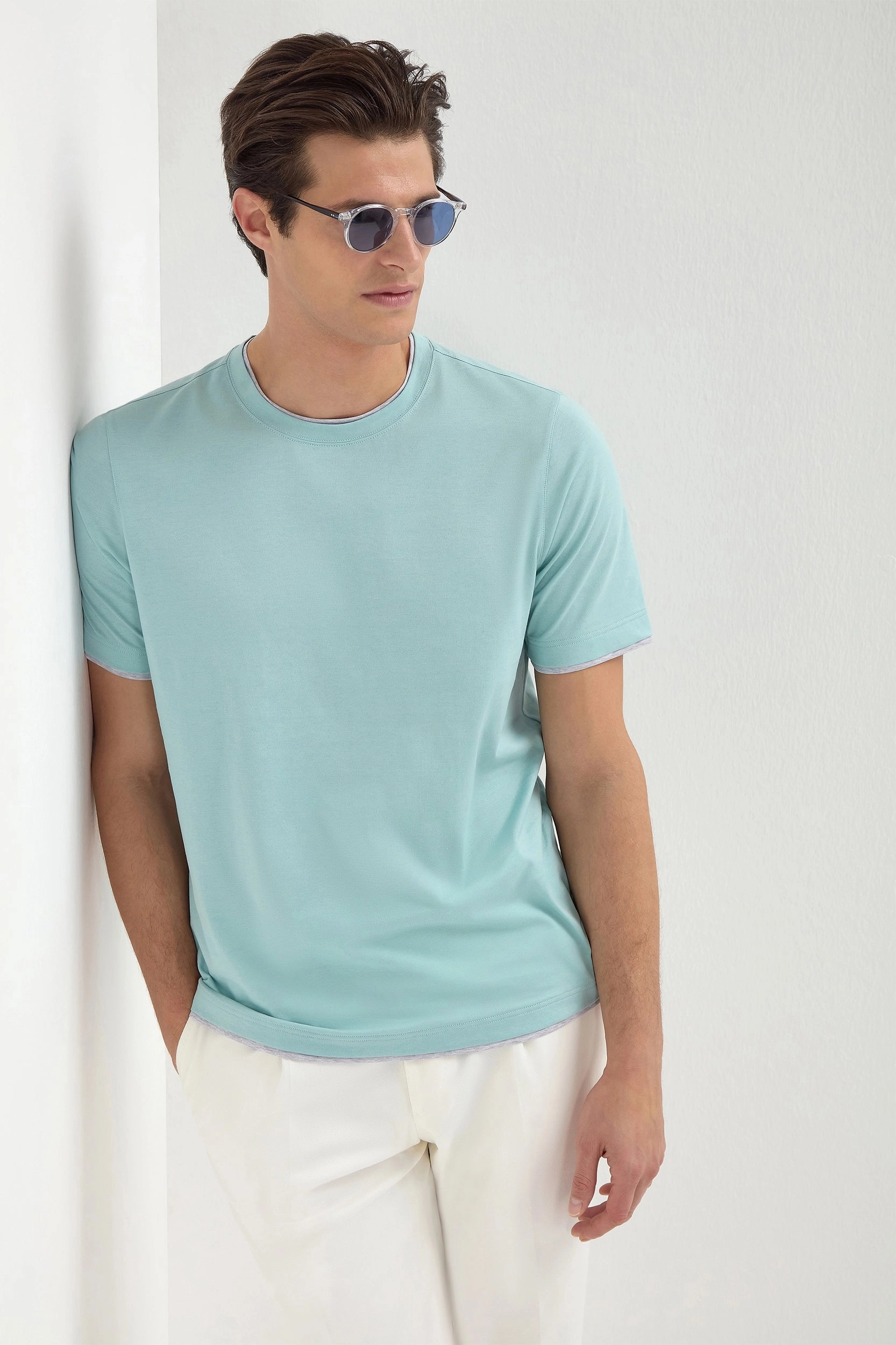 Mint cotton t-shirt with collar detail - Made in Italy LowCarbon Footprint Textile