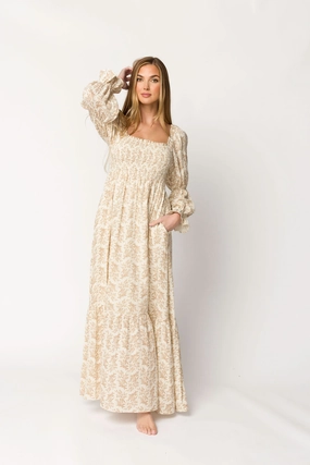 Emerson 100% Cotton Gauze Maxi Dress in Natural/Tan Floral - Bump Friendly Layering-Piece Trendy And Comfortable