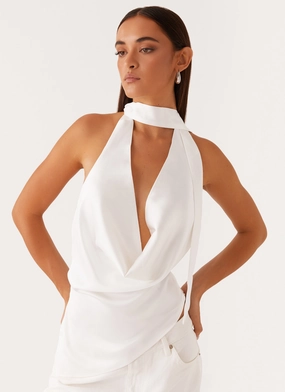 cylindrical Nina Halterneck Scarf Top - White