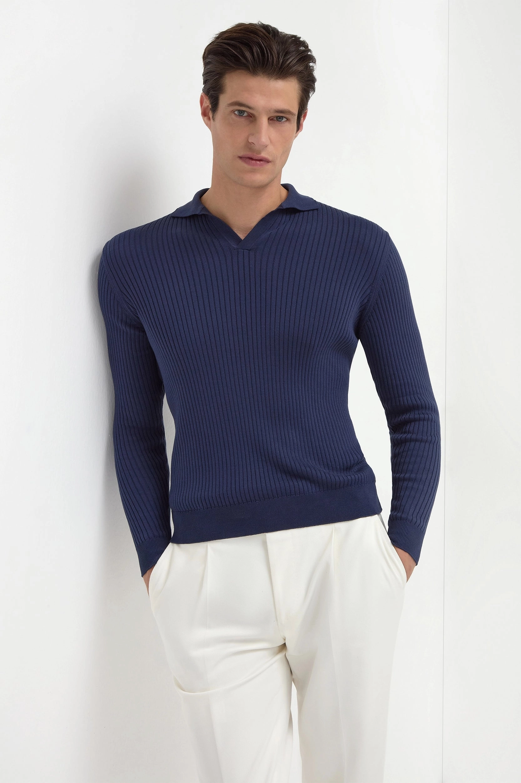 Travel Ready Unstructured Silhouette Blue thin rib long sleeve polo - Made in Italy