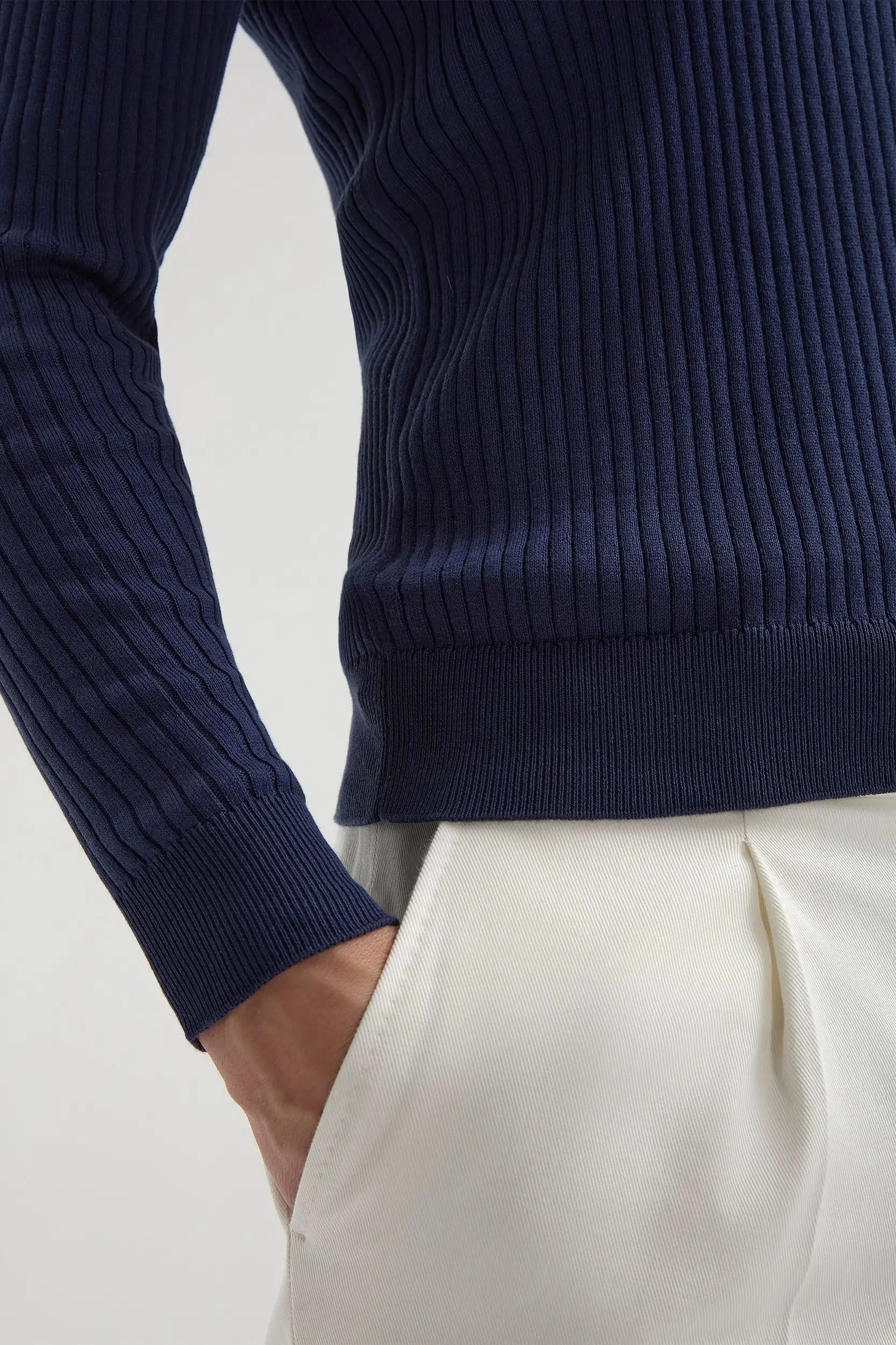 FourWay Stretch Blue thin rib long sleeve polo - Made in Italy