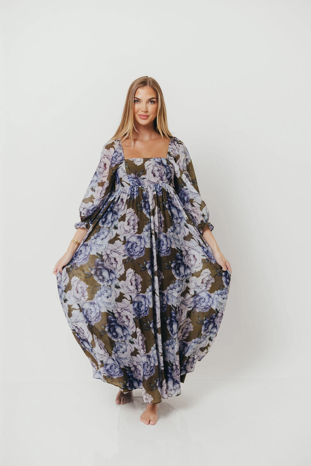 Art Spirit Soft fabric piece Mona Maxi Dress in Olive/Blue Floral - Bump Friendly *9/30 PRE-ORDER*