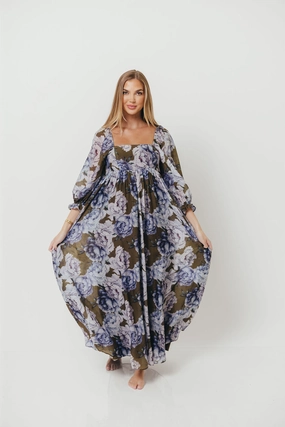 Art Spirit Soft fabric piece Mona Maxi Dress in Olive/Blue Floral - Bump Friendly *9/30 PRE-ORDER*