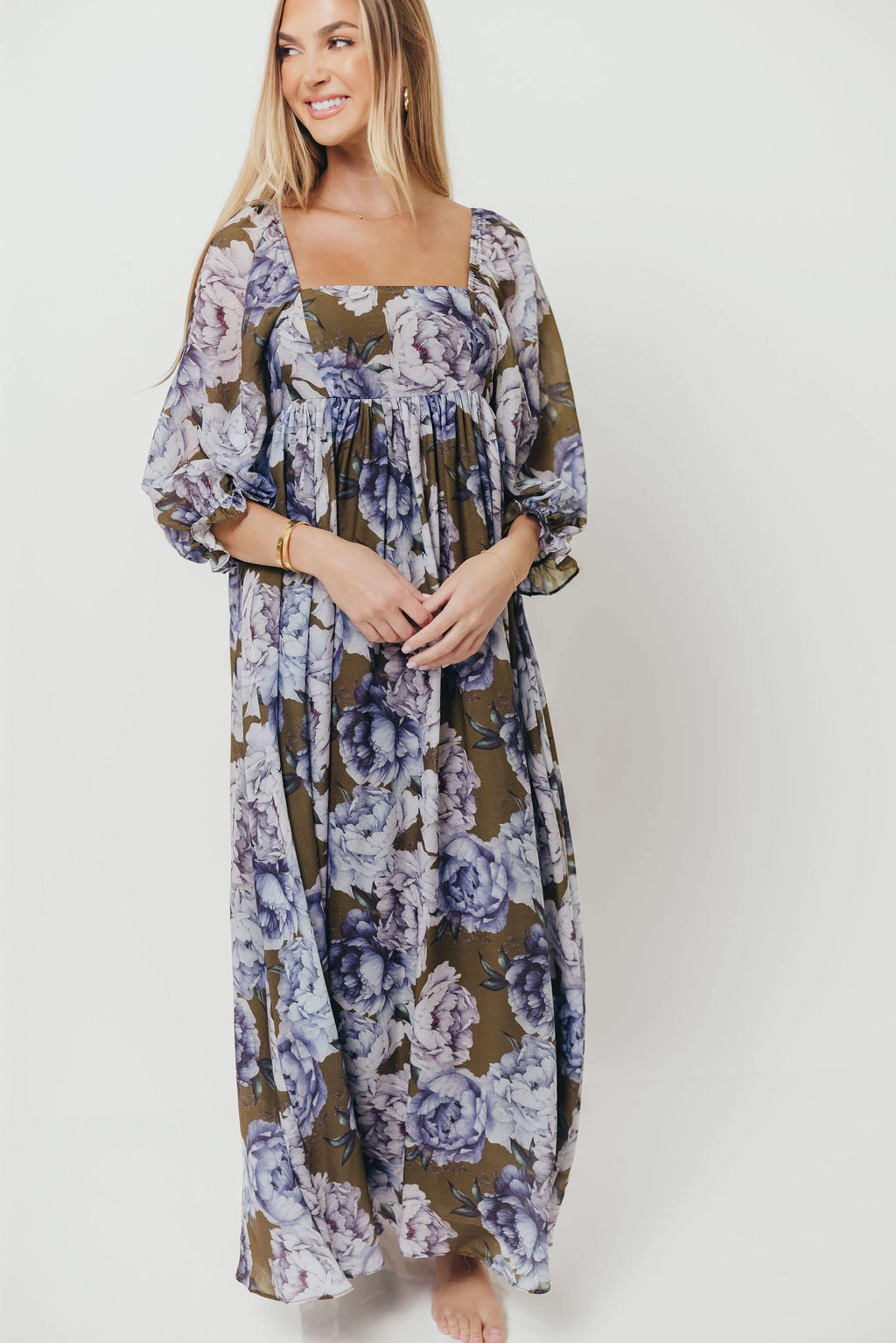 Fashion Forward Mona Maxi Dress in Olive/Blue Floral - Bump Friendly *9/30 PRE-ORDER*