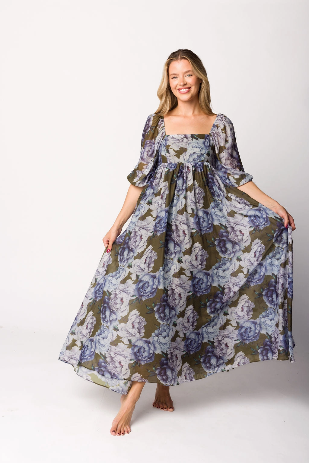 Fit For All Mona Maxi Dress in Olive/Blue Floral - Bump Friendly *9/30 PRE-ORDER*