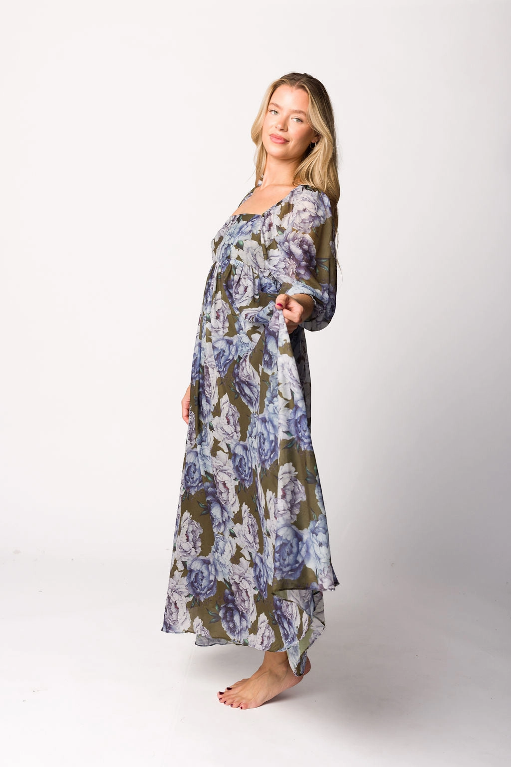 Mona Maxi Dress in Olive/Blue Floral - Bump Friendly *9/30 PRE-ORDER* Asymmetrical hem