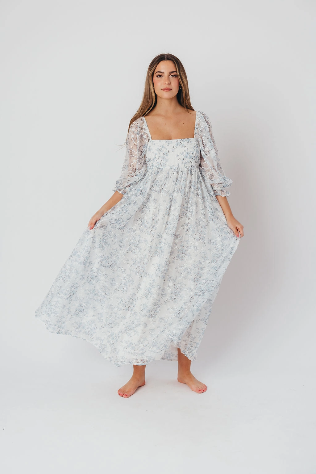 solo wear Mona Maxi Dress with Smocking in Blue White - Bump Friendly & Inclusive Sizing (S-3XL)