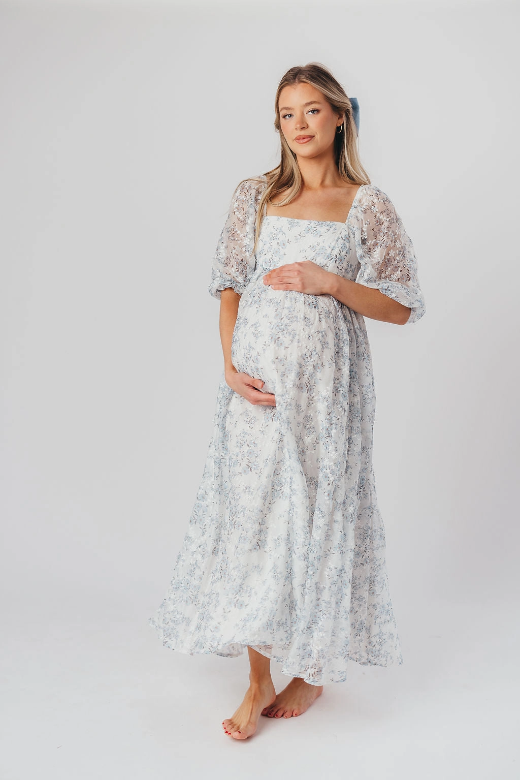 Mona Maxi Dress with Smocking in Blue White - Bump Friendly & Inclusive Sizing (S-3XL) Neutral Feel Flattering Layer