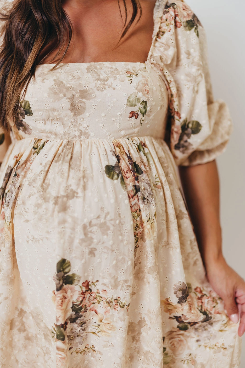 Mona Maxi Dress with Smocking in Cream/Beige Floral - Bump Friendly *9/30 PRE-ORDER* Mesh Soft countryside