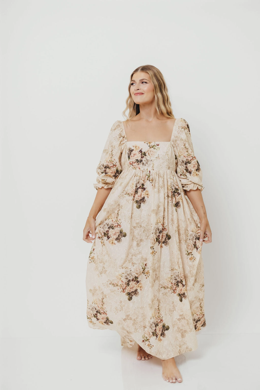 Mona Maxi Dress with Smocking in Cream/Beige Floral - Bump Friendly *9/30 PRE-ORDER* Summer Friendly Quick Drying