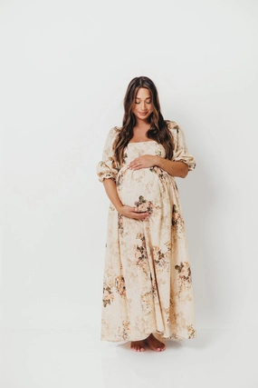 Jewel Tones Natural Aesthetic Mona Maxi Dress with Smocking in Cream/Beige Floral - Bump Friendly *9/30 PRE-ORDER*