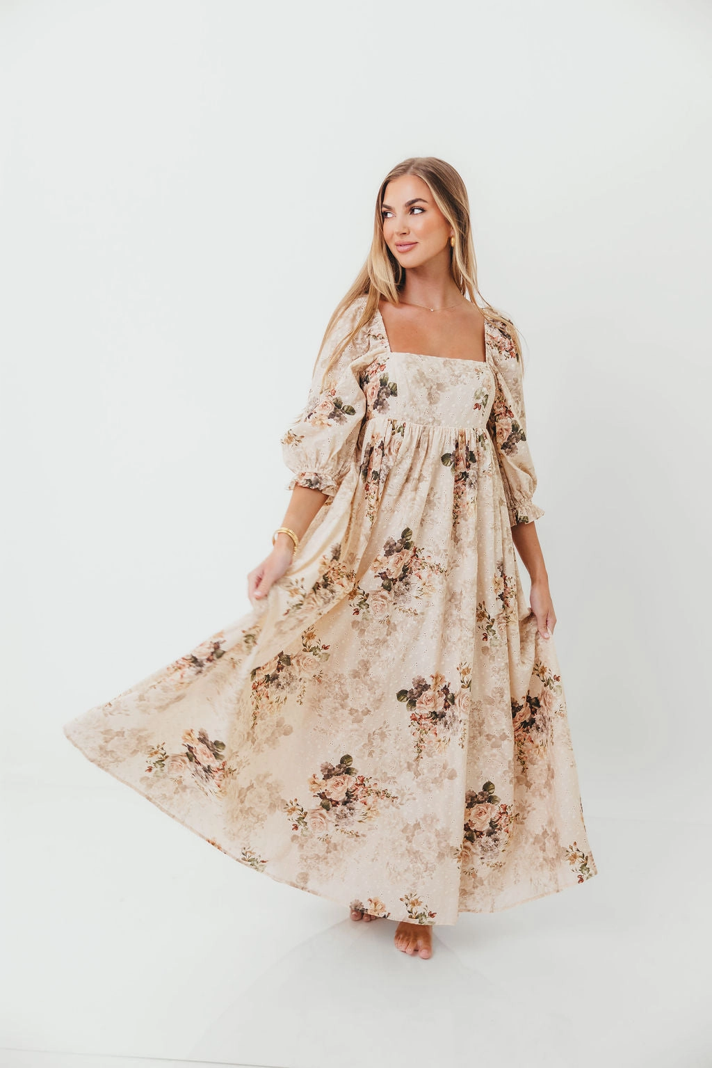 Relaxed Fit Look Mona Maxi Dress with Smocking in Cream/Beige Floral - Bump Friendly *9/30 PRE-ORDER*
