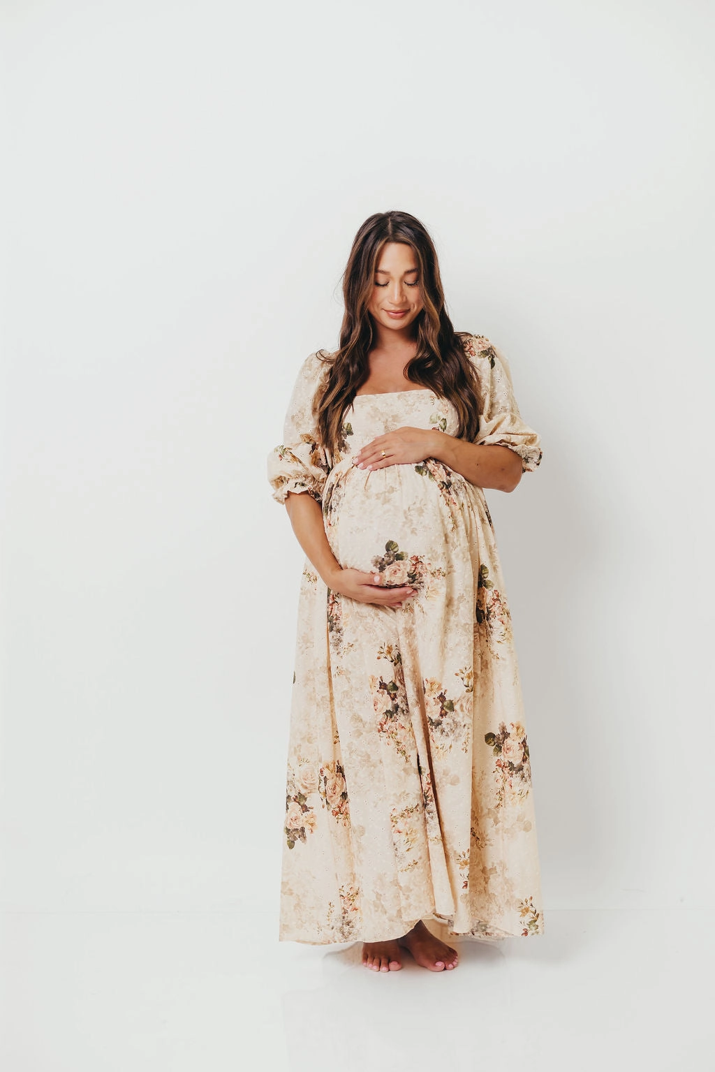 Jewel Tones Natural Aesthetic Mona Maxi Dress with Smocking in Cream/Beige Floral - Bump Friendly *9/30 PRE-ORDER*