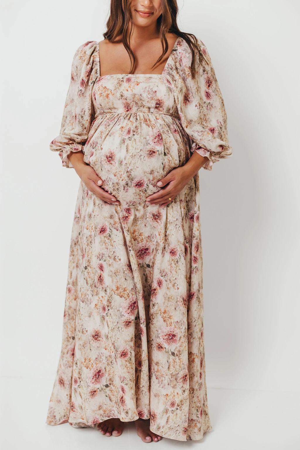 Unique Print Sleek long-sleeve dress Mona Maxi Dress with Smocking in Pink/Beige Multi Floral - Bump Friendly *9/30 PRE-ORDER*