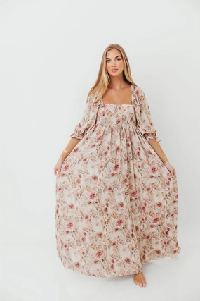Soft Fit Wear Mona Maxi Dress with Smocking in Pink/Beige Multi Floral - Bump Friendly *9/30 PRE-ORDER*