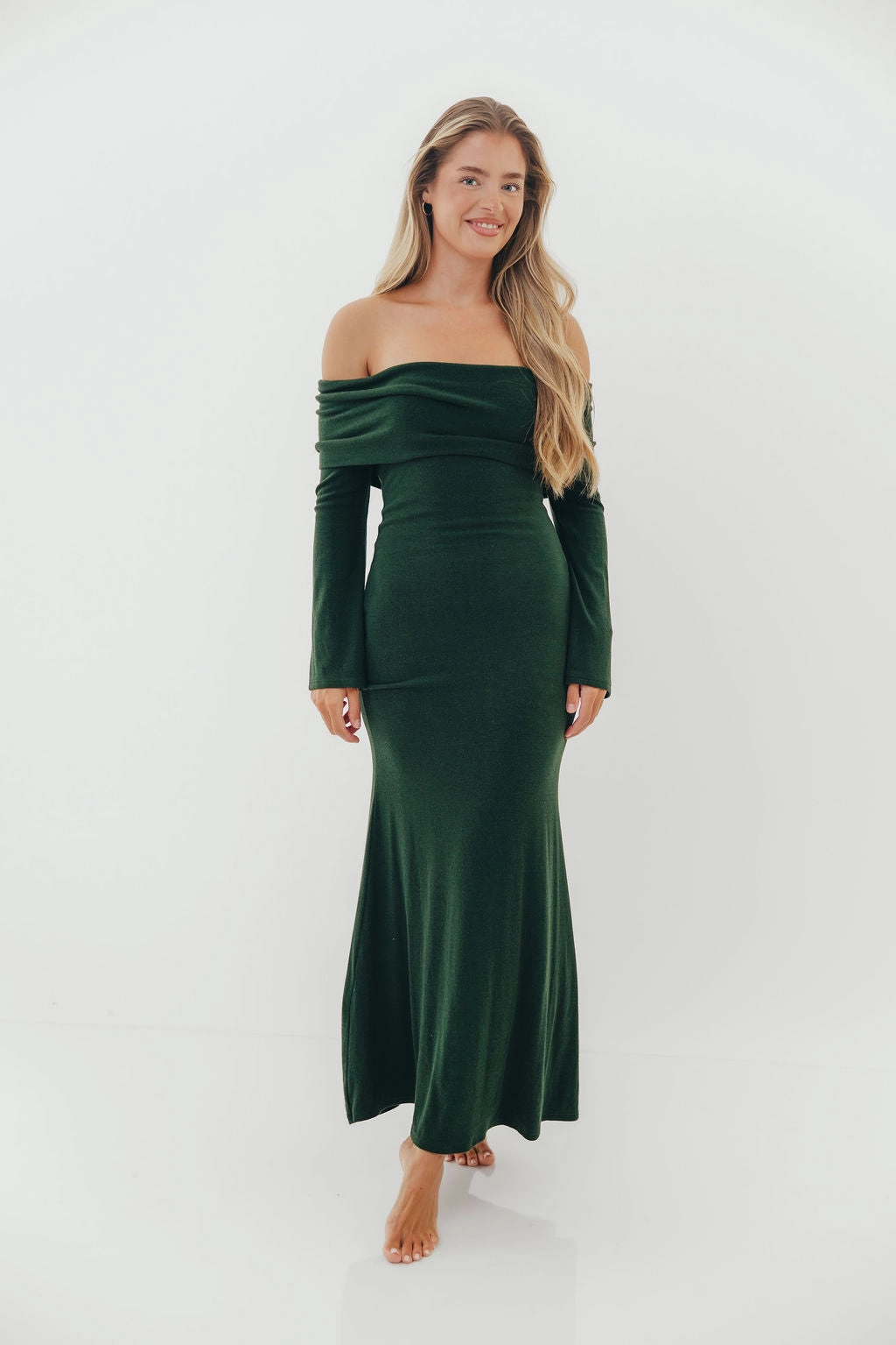 Monroe Maxi Dress with Long Sleeves in Hunter Green- Bump Friendly Soft Draping Brunch Outfit