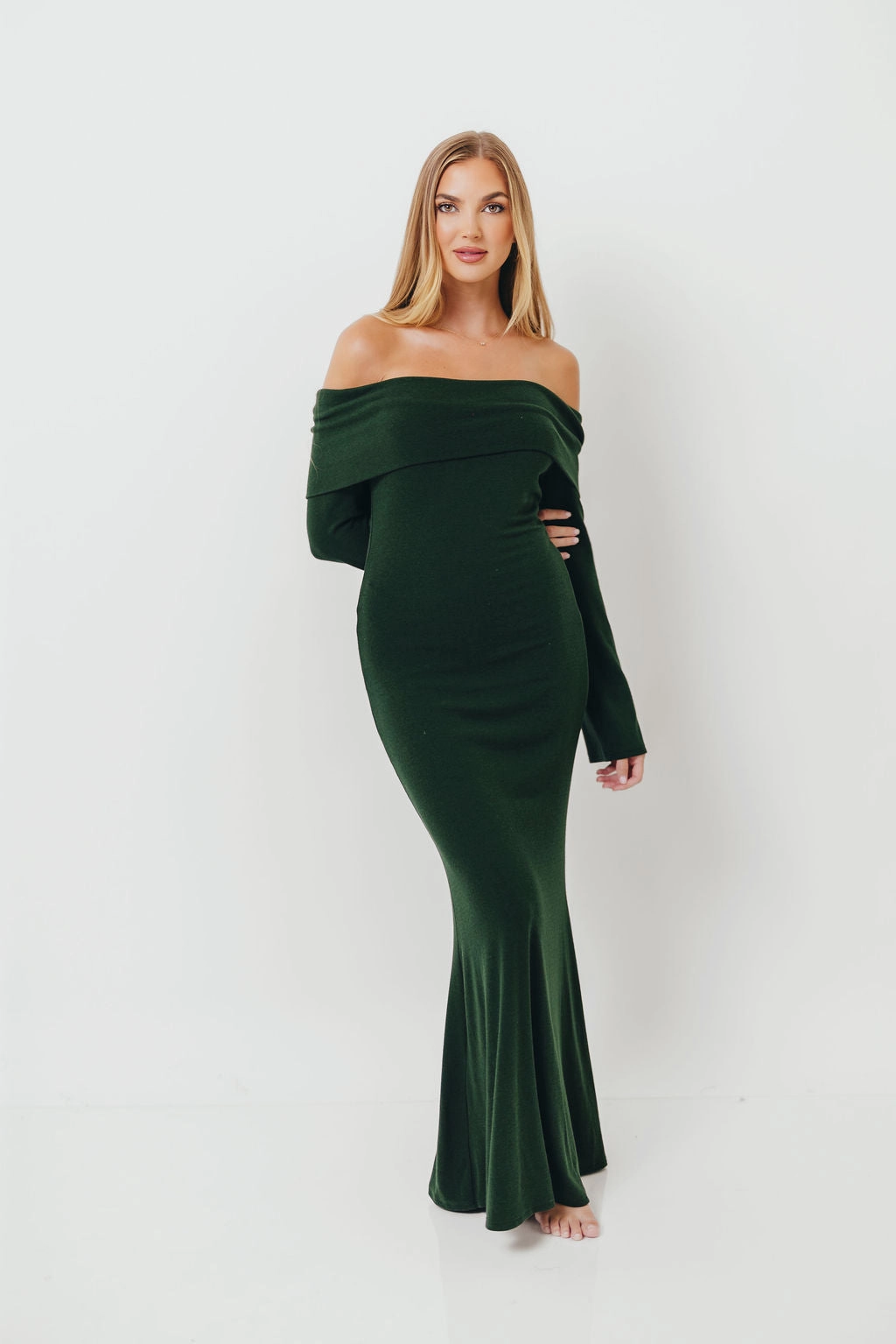Monroe Maxi Dress with Long Sleeves in Hunter Green- Bump Friendly Evening Look