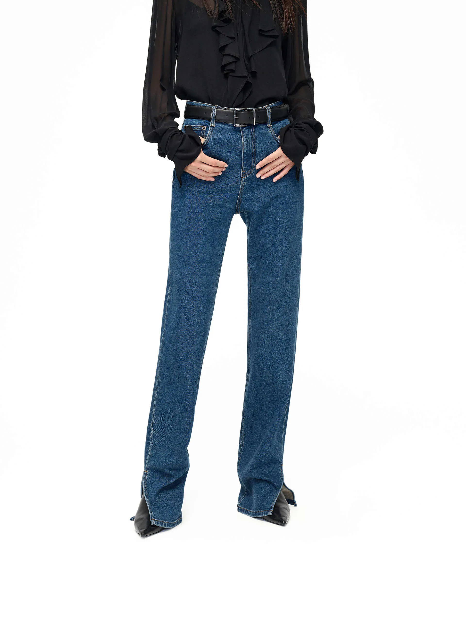 Side Slit Straight Jeans Minimalist Pocket Design