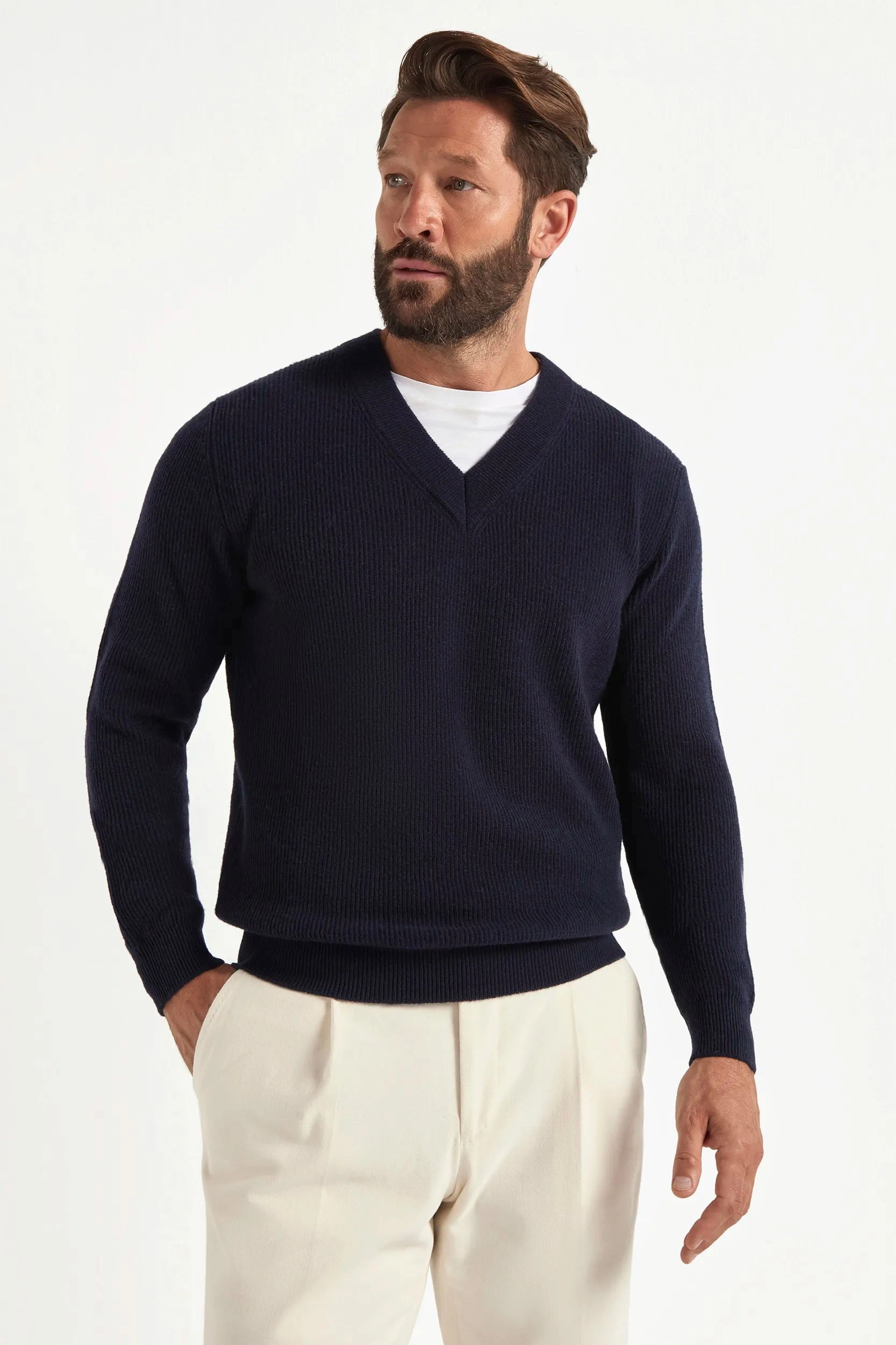 Blue ribbed v-neck sweater  - Made in Italy Subtle Elegance UVProtection Layer