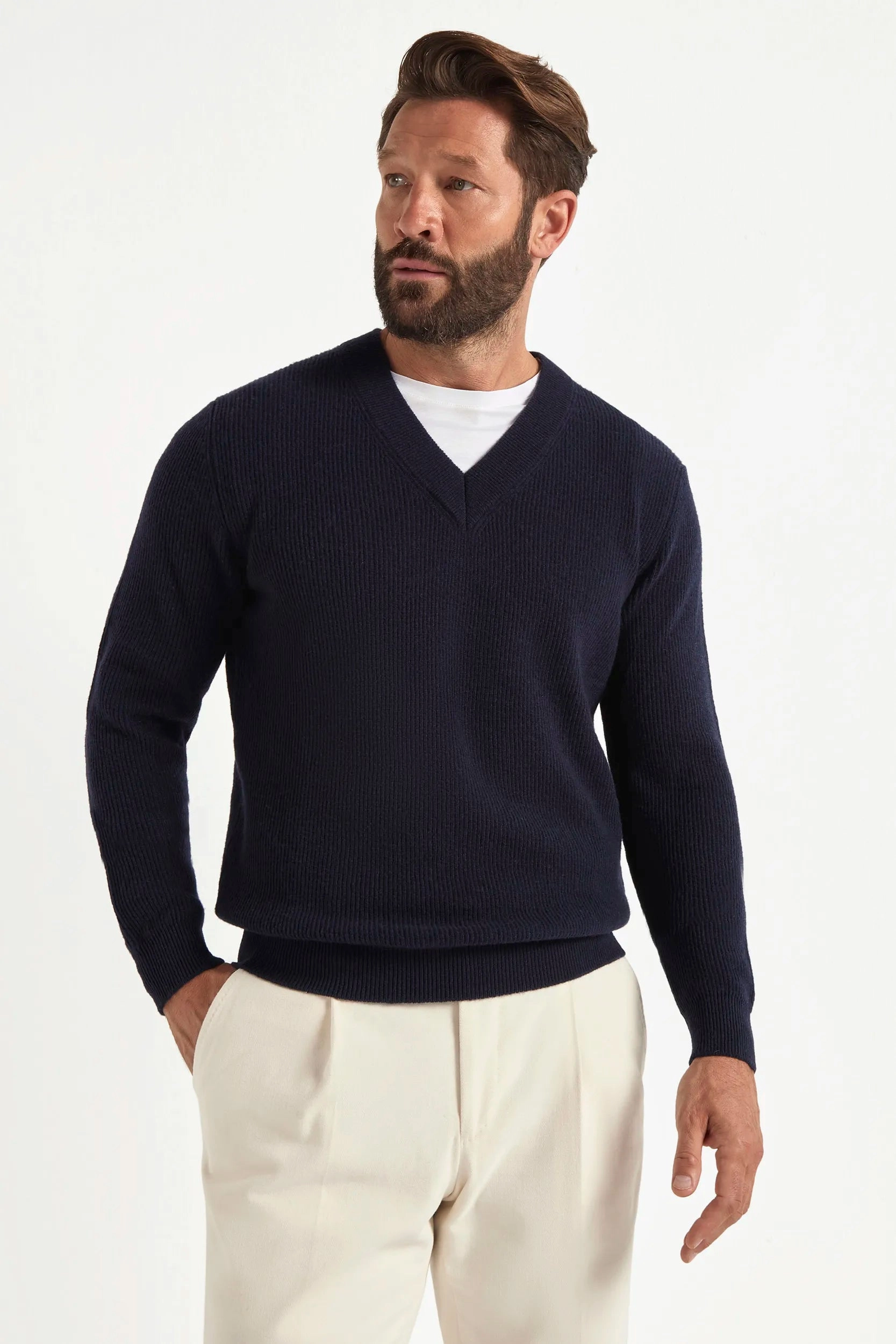 Blue ribbed v-neck sweater  - Made in Italy Warm Fabric