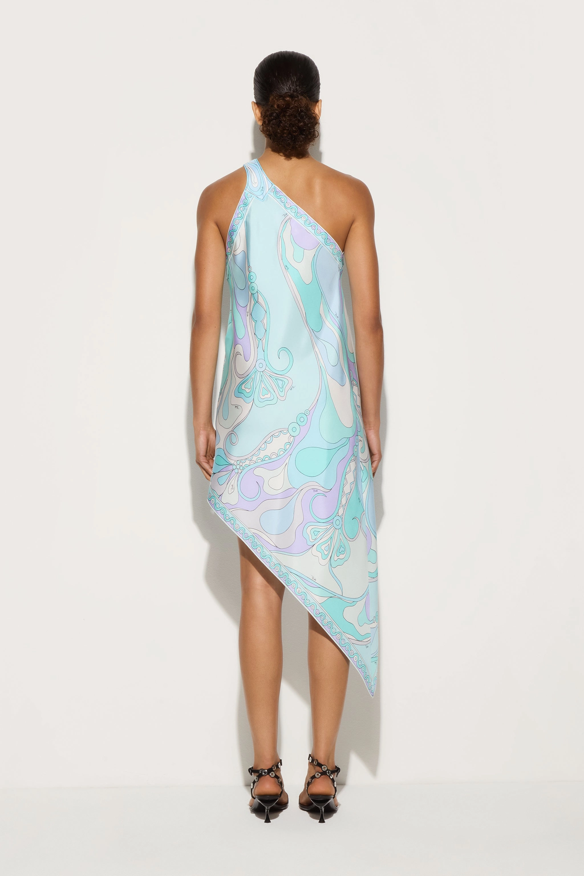 Orchidee Print Asymmetrical Silk Dress Pose Sweet