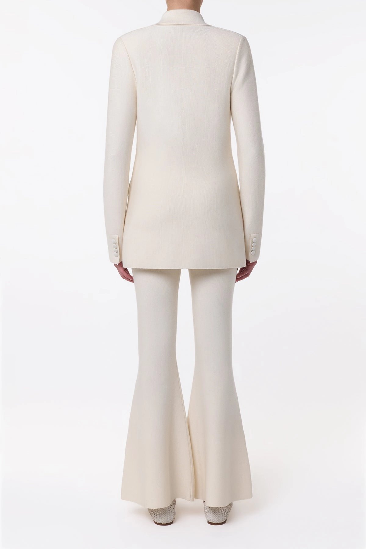 Stretchable Waistband Bowen Knit Jacket in Ivory Merino Wool Cashmere