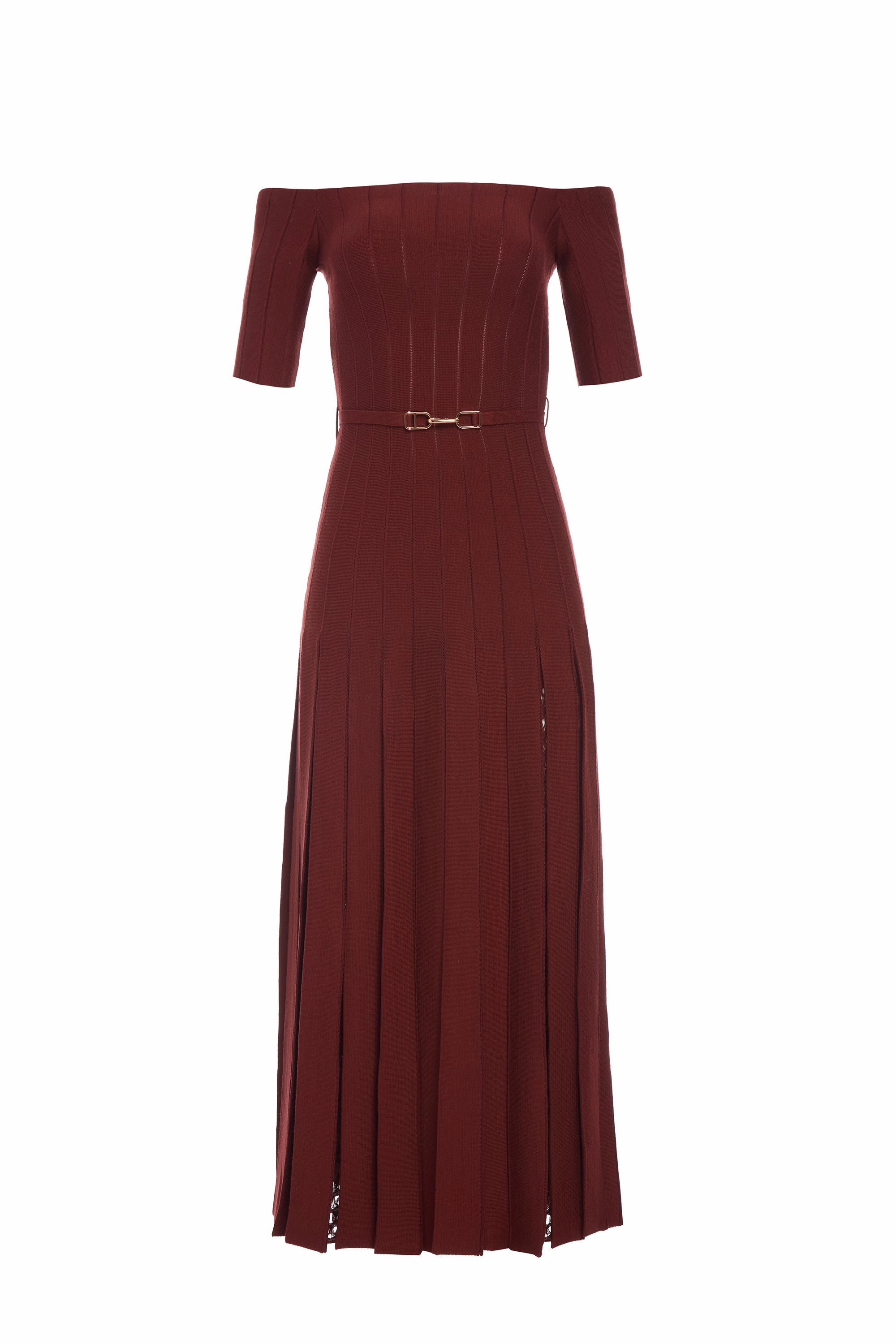 Kurt Knit Pleated Maxi Dress in Burnt Sienna Merino Wool FrictionResistant Sleeves