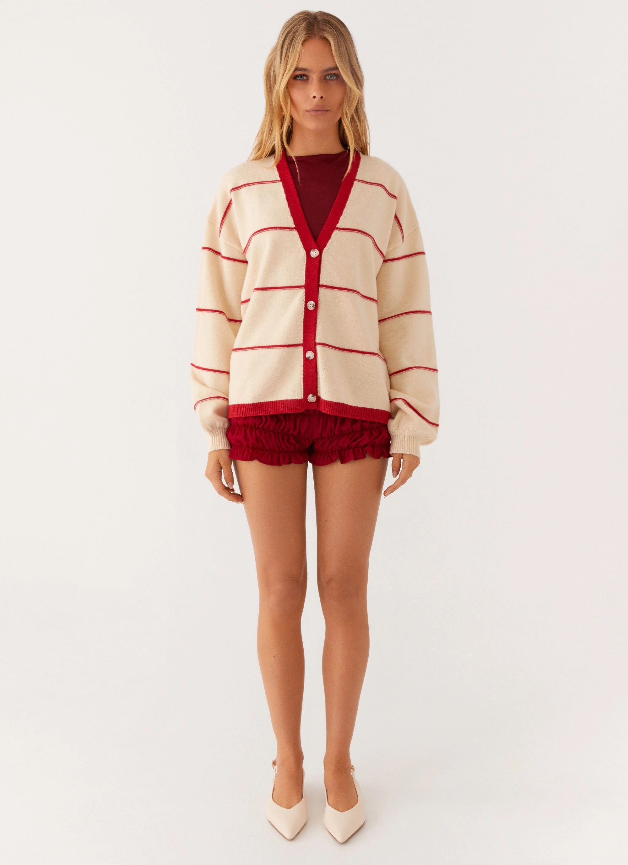 Estella Knit Cardigan - Ivory And Red Stripe Casual Comfort SoftTouch Finish