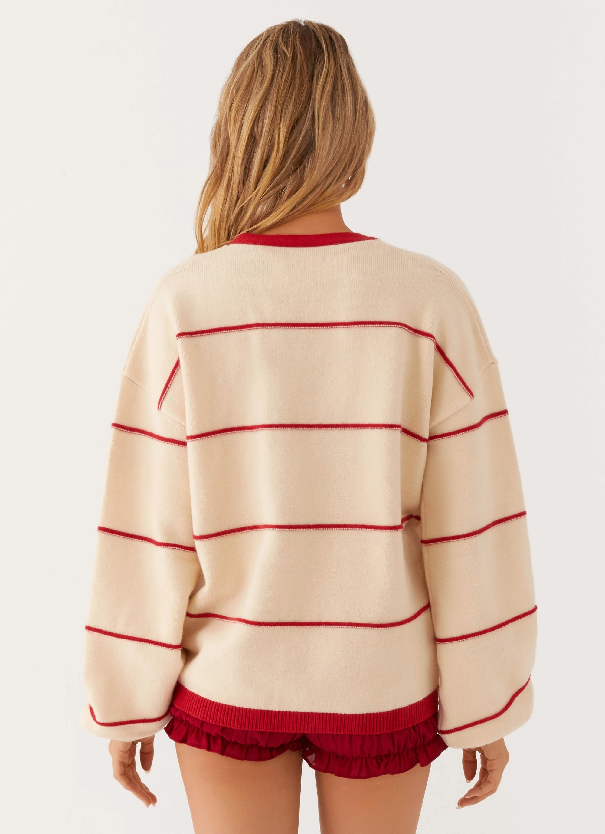 Multi Look Estella Knit Cardigan - Ivory And Red Stripe