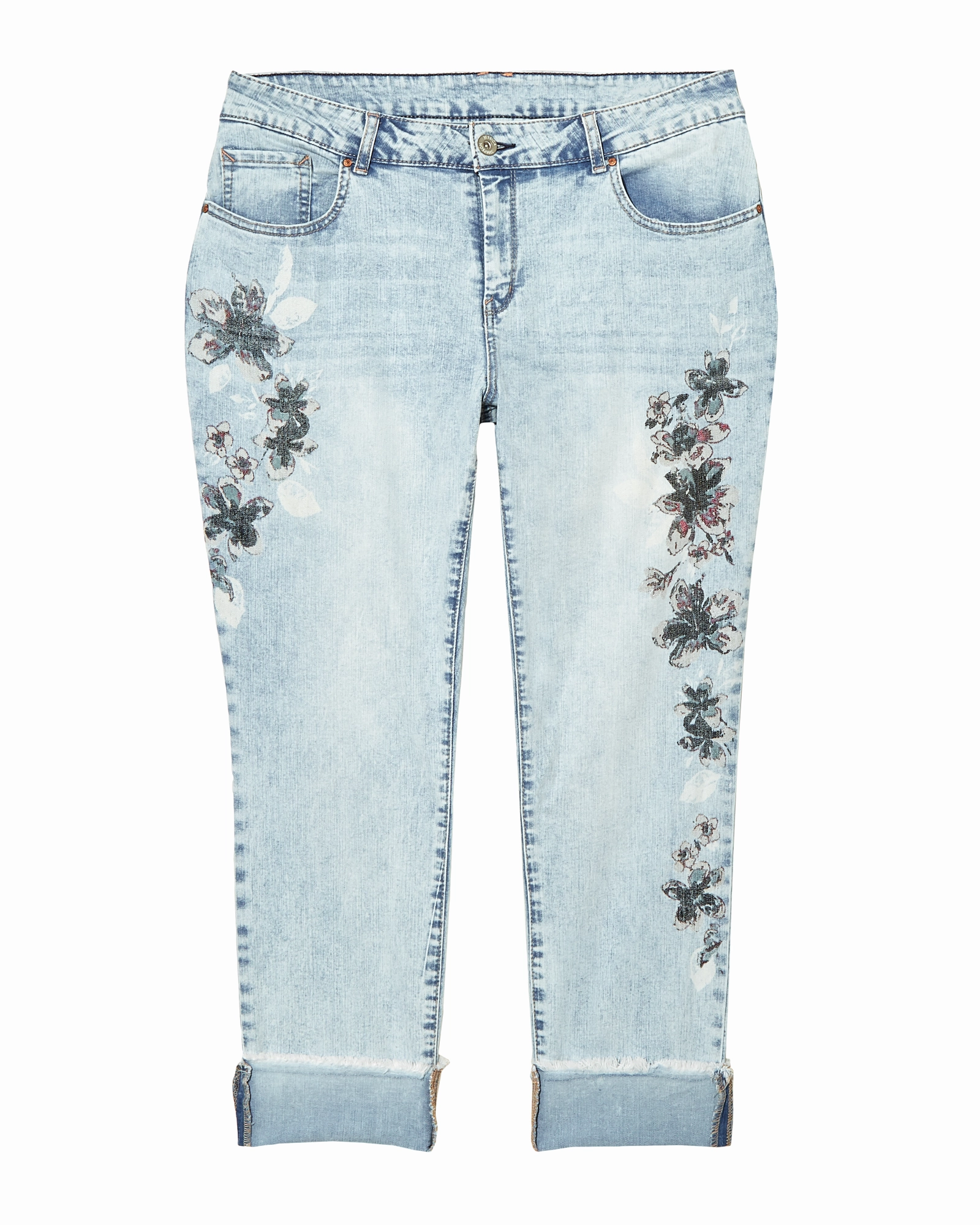 Fashionable Touch Resilient material Naomi Rolled Ankle Jean with Floral Design | Light Wash / Navy